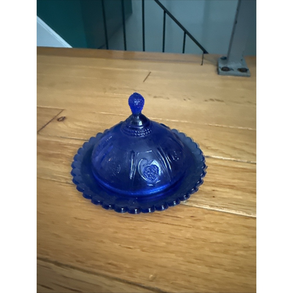 Vtg Imperial Glass Cobalt Blue Domed Lid Butter Pat Dish Strawberry 4"
